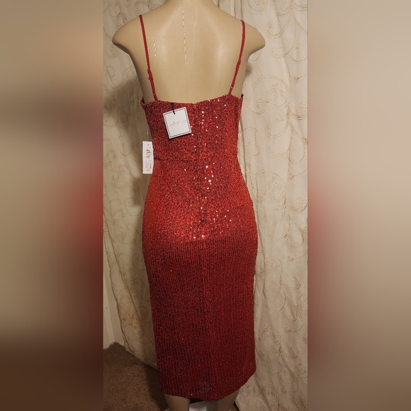 Designer Premier Amour Red Sequin Midi Length Spaghetti Strap Pencil Dress sz 6 - Picture 2 of 6